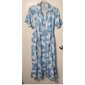 Rachel Zoe Women's M Blue Floral Linen Dress V-Neck Full Button Front Tie Waist